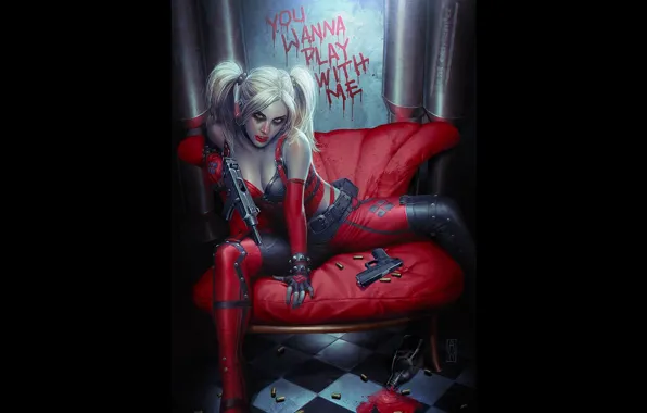 Pose, weapons, blood, costume, DC Comics, Harley Quinn