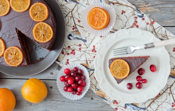 Orange, cake, dessert, wood, cranberry