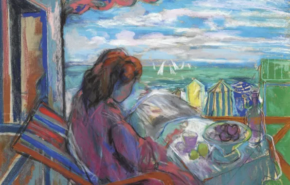 Sea, girl, landscape, table, boat, picture, sail, genre