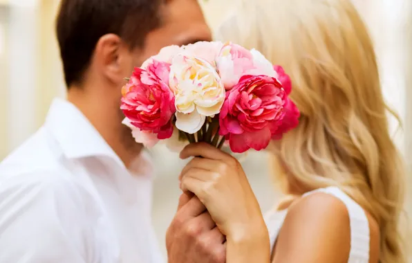 Picture love, joy, happiness, pair, happy, flowers, kiss, couple