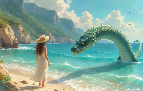 Girl, dragon, snakes, AI art, neural network