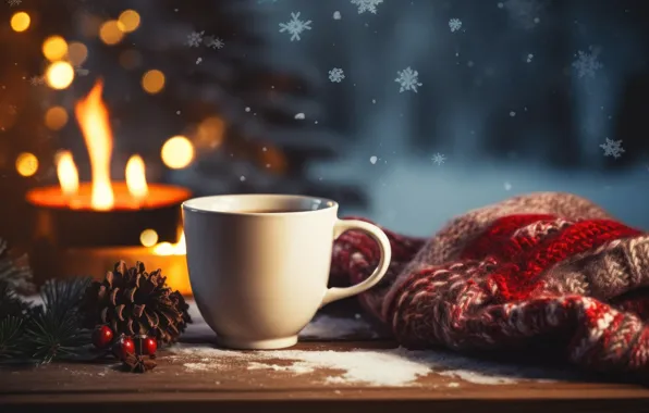 Winter, comfort, heat, candles, Christmas, mug, Cup, New year