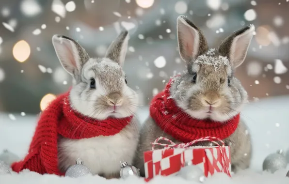 Winter, snow, red, nature, box, gift, hare, scarf