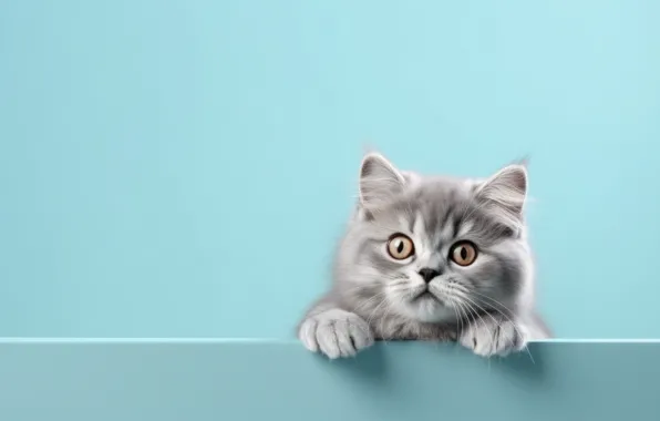 Cat, look, pose, kitty, grey, legs, face, blue background