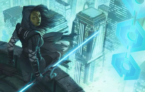 The city, Neon, Star Wars, Girl, Sword, City, Fantasy, Fighter