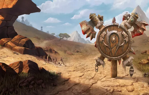 World of Warcraft, game, desert, mountains, weapons, digital art, artwork, shield