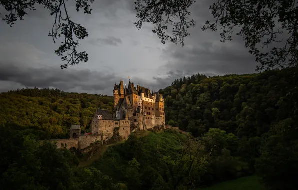 Forest, branches, clouds, castle, the evening, Germany, hill, ELTZ