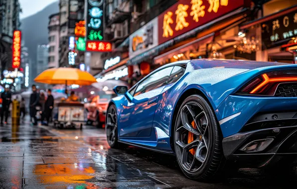 People, rain, street, lamborghini, rain, umbrella, blue cars, street