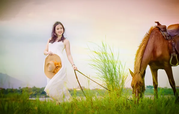 Picture face, smile, horse, horse, dress, walk, Asian
