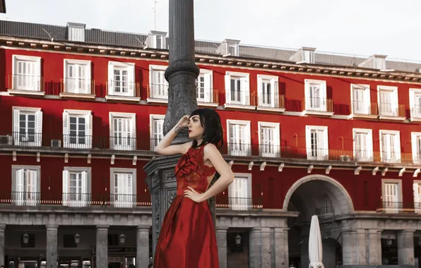 Girl, the city, style, dress, brunette, in red