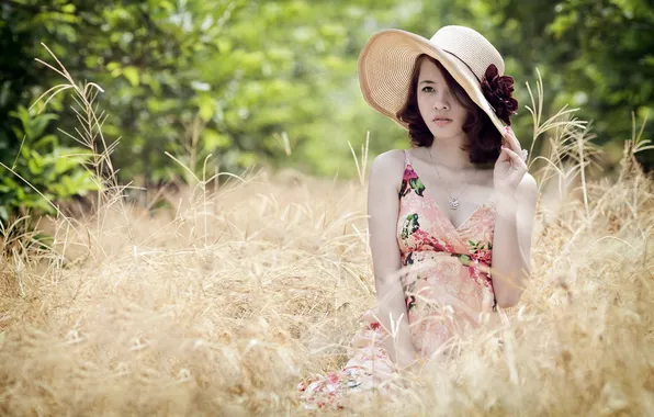 Field, summer, girl, hat