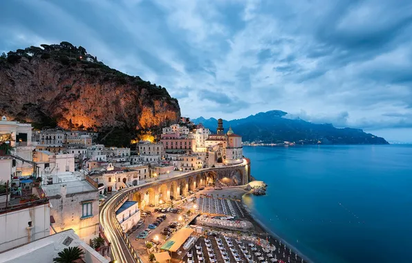 Picture sea, mountains, the city, shore, home, the evening, Italy