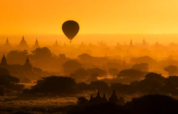 Trees, balloon, architecture, silhouettes, temples, Myanmar, Bagan