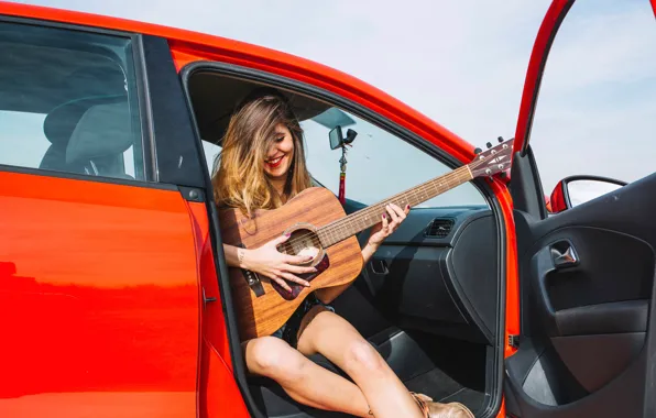 Girl, the sun, pose, guitar, makeup, hairstyle, brown hair, car