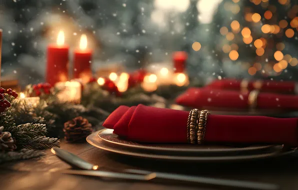 Winter, snow, branches, lights, table, candles, Christmas, spoon