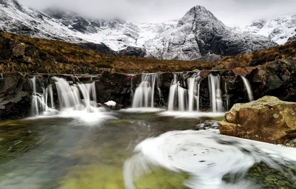 Winter, water, snow, mountains, stones, rocks, shore, waterfall