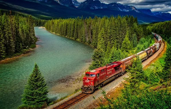 Forest, trees, mountains, nature, river, train, Canada, railroad
