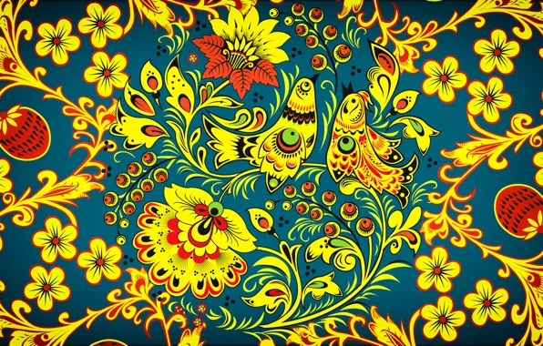 Flowers, Birds, Style, Background, Painting, Art, Khokhloma, Khokhloma painting