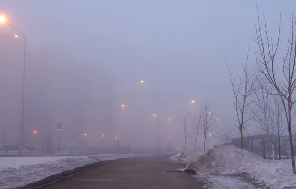 The sky, snow, fog, house, the building, spring, morning, lights