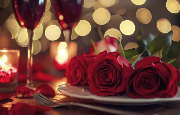 Flowers, lights, table, holiday, wine, roses, bouquet, petals