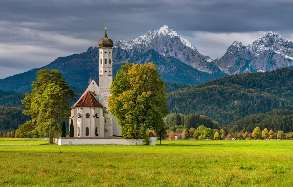 Autumn, forest, trees, mountains, Germany, Bayern, Alps, Church