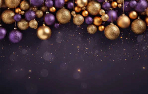 Purple, decoration, background, balls, New Year, Christmas, golden, new year