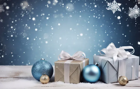 Winter, snow, decoration, balls, New Year, Christmas, gifts, new year