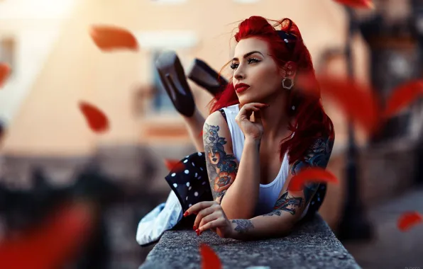 Picture girl, pose, style, makeup, tattoo, bokeh, Alessandro Di Cicco