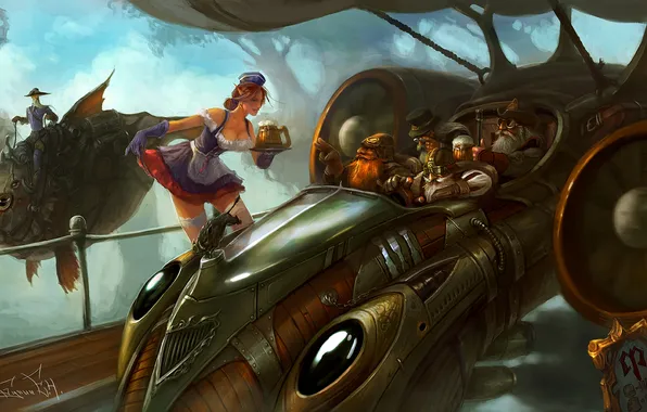 Picture beer, dwarves, steampunk, elf, Art, the waitress, aircraft