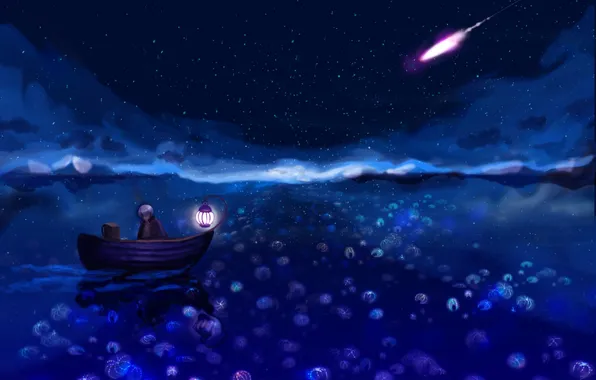 Night, boy, Boat, lantern
