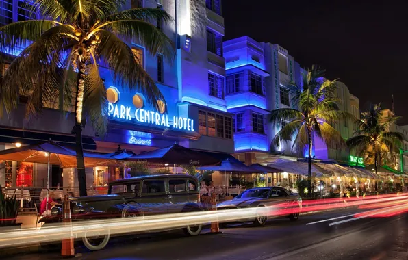 Picture night, lights, Miami, Miami, vice city, South Beach, Park Central Hotel