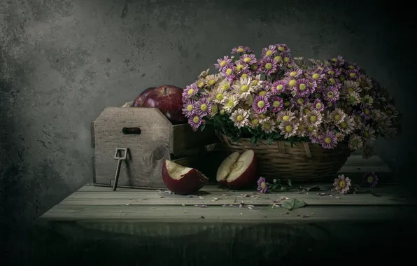 Picture flowers, apples, bouquet, key, still life