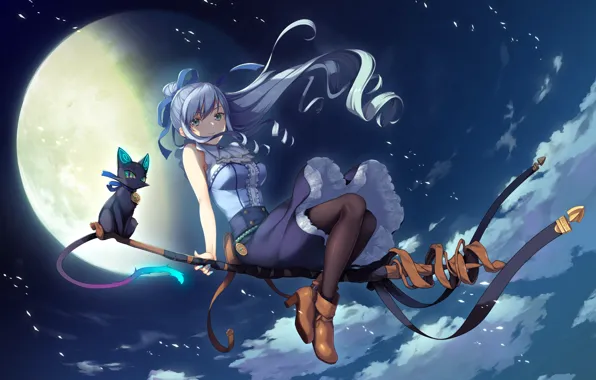 Picture cat, girl, night, the moon, witch, broom, anime, games art