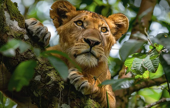 Look, Trees, Lioness, Branches, Face, Digital art, Big cat, Closeup