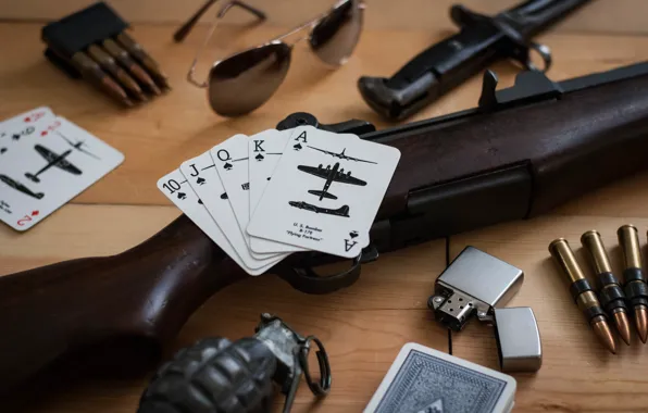 Card, lighter, glasses, knife, pineapple, M1 Garand, semi-automatic rifle