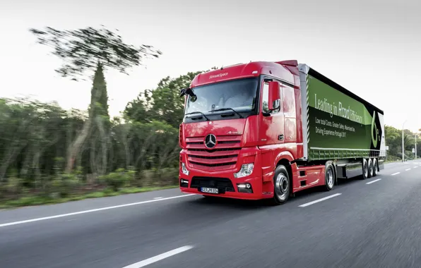 Road, red, markup, vegetation, Mercedes-Benz, tractor, 4x2, Actros
