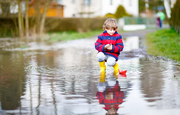 Water, child, puddle, paper boat