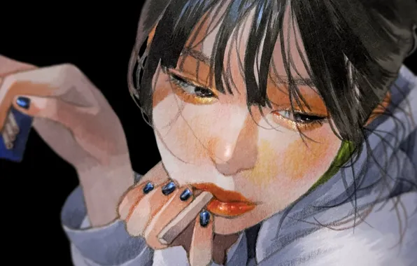 Face, hands, cigarette, manicure, bangs, looking to the side, portrait of a girl