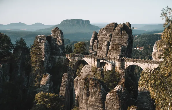 The sky, trees, bridge, stones, hills, Switzerland, Switzerland, Saxon Switzerland