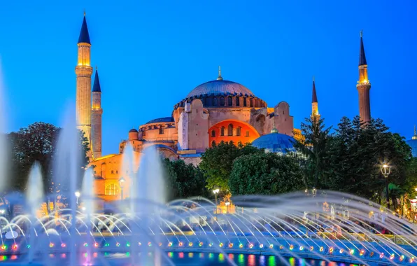 Lights, fountain, Istanbul, Turkey, Hagia Sophia