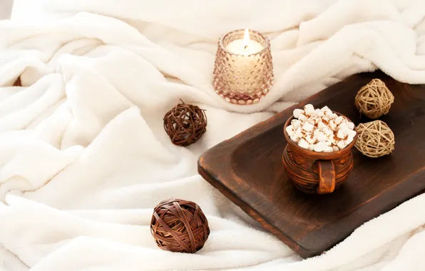 Picture comfort, the evening, candles, marshmallows, coffee in bed, Roman Osadchiy