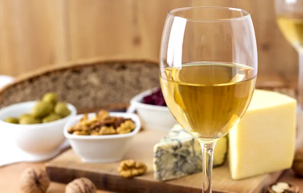 Wine, white, glass, cheese, nuts, olives