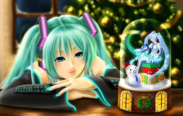 The evening, snowman, vocaloid, Hatsune Miku, Vocaloid, Christmas ball, Hatsune Miku, two tails