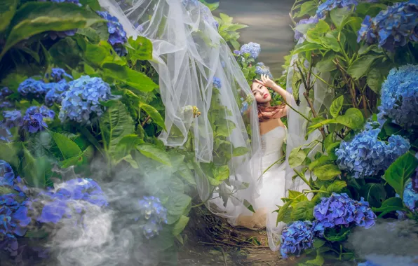 Flowers, pose, mood, thickets, Asian, the bride, wedding dress, hydrangea