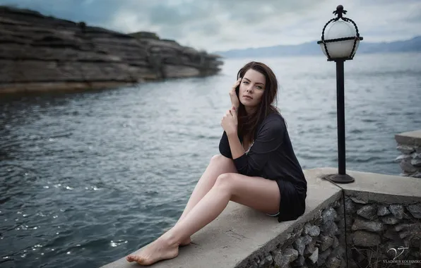 Picture look, girl, river, figure, brunette, lantern, legs, sitting