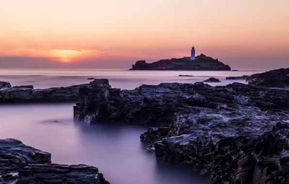 Sea, landscape, sunset, rocks, lighthouse