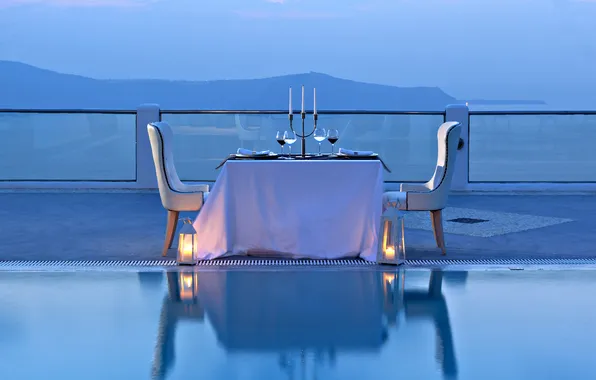 Picture the ocean, wine, romance, view, the evening, pool, glasses, dinner