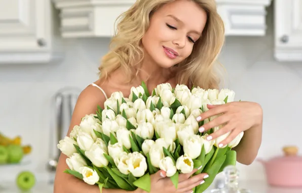 Girl, flowers, mood, bouquet, hairstyle, blonde, kitchen, tulips