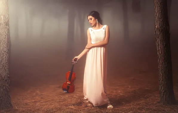 Forest, girl, mood, violin, dress