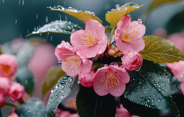 Leaves, drops, macro, flowers, rain, branch, spring, pink